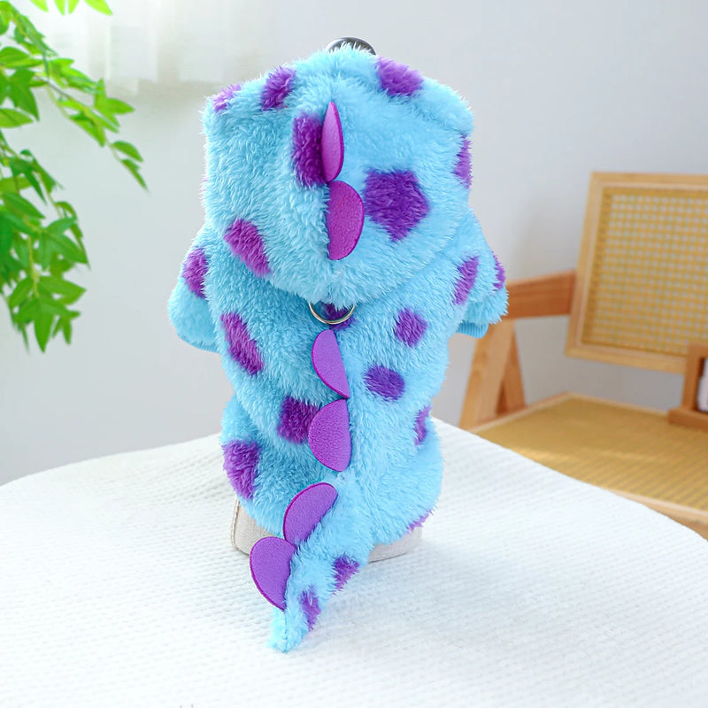 Casaco de Inverno Quente com Capuz de Dinossauro Azul para Cães e Gatos - Roupa Engrossada para Outono e Inverno