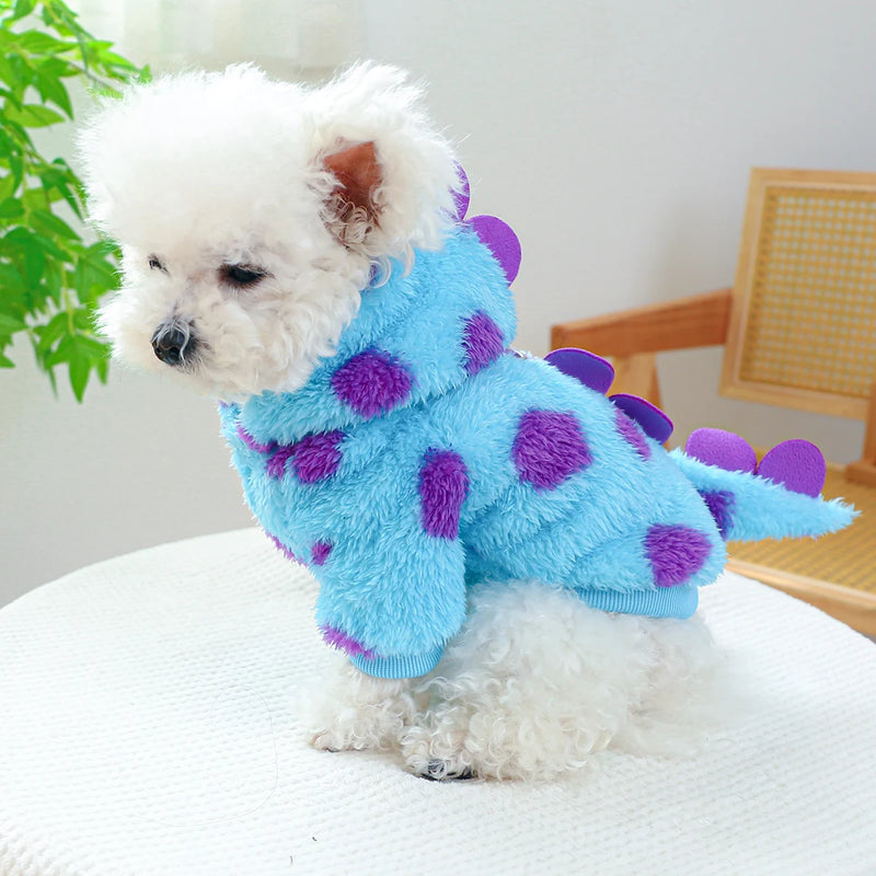 Casaco de Inverno Quente com Capuz de Dinossauro Azul para Cães e Gatos - Roupa Engrossada para Outono e Inverno