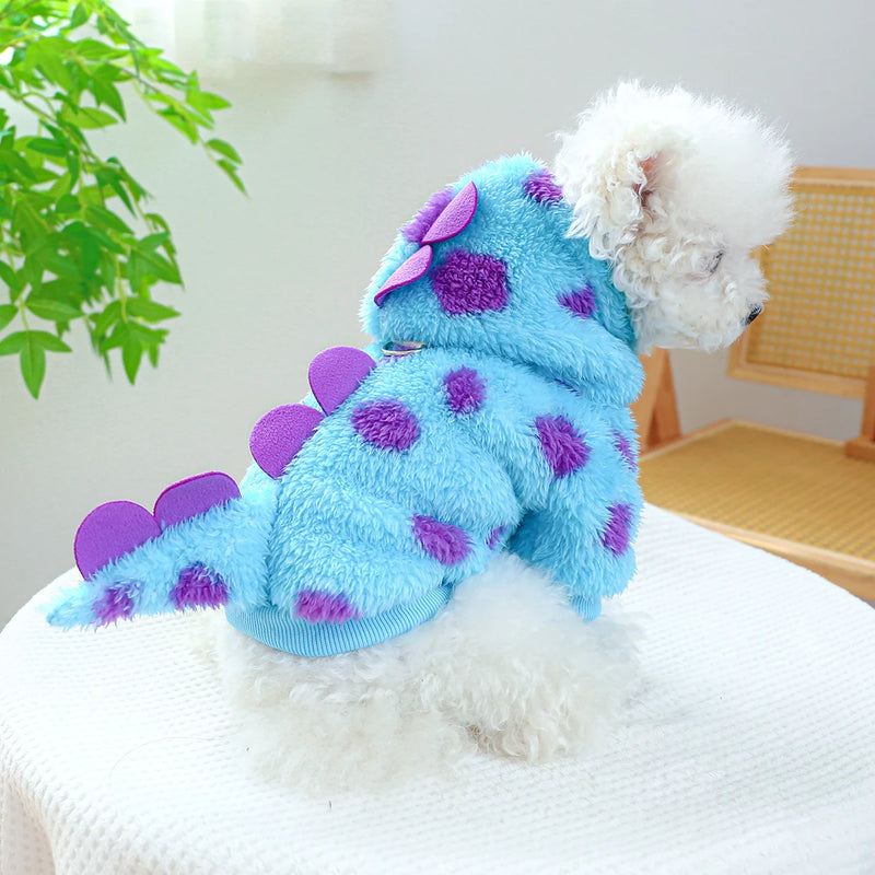 Casaco de Inverno Quente com Capuz de Dinossauro Azul para Cães e Gatos - Roupa Engrossada para Outono e Inverno