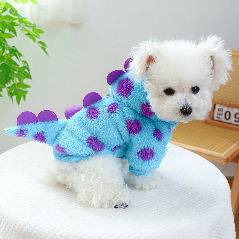 Casaco de Inverno Quente com Capuz de Dinossauro Azul para Cães e Gatos - Roupa Engrossada para Outono e Inverno